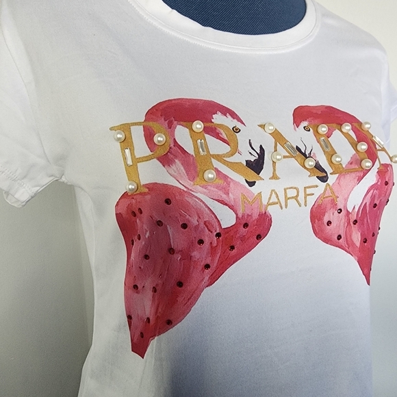 Soft White Shirt Sleeve Top with Pink Flamingos Pearls Accents - Picture 4 of 7